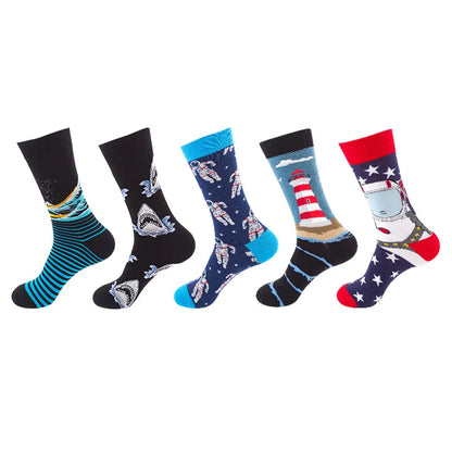 5-Pair Men’s Cotton Sports Socks Pack - Hip Hop Harajuku Pastel Print Long Tube Running Casual Socks