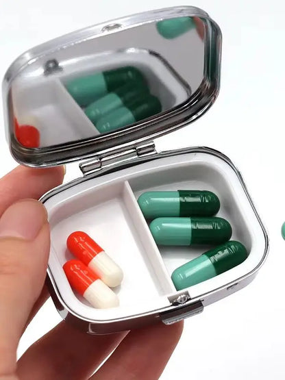 “Where Are My Pills?” Metal Pill Box - Retro 2-Compartment Portable Travel Medicine Organizer