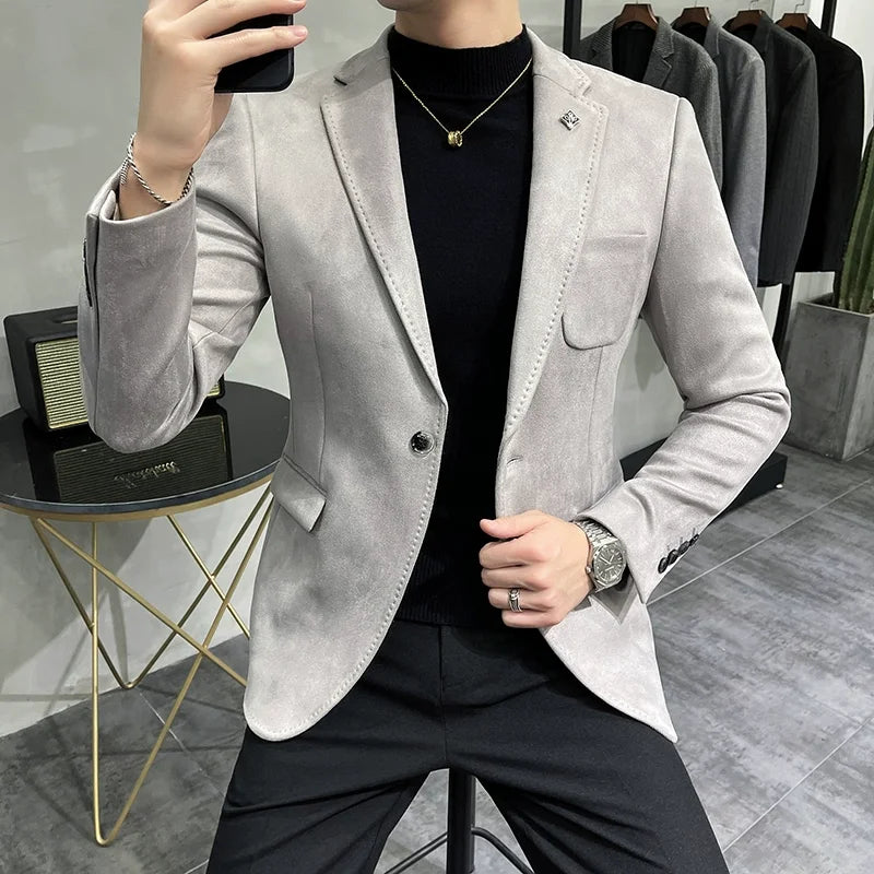 Men's Deerskin Fleece Blazer – Slim Fit Single Button Suit Jacket for Business & Casual Wear