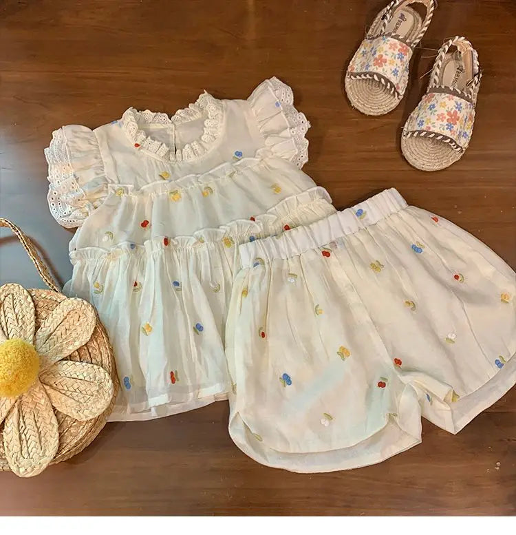 Children's Floral Embroidery Lace Set - Sleeveless Top & Shorts, 2-Piece Toddler Girl Clothes for 2-7 Years