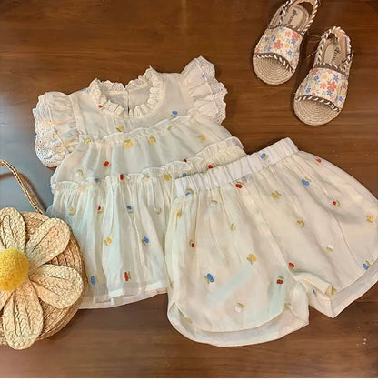 Children's Floral Embroidery Lace Set - Sleeveless Top & Shorts, 2-Piece Toddler Girl Clothes for 2-7 Years