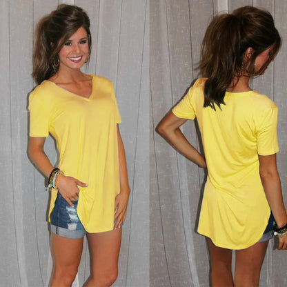 Women’s Summer V-Neck Blouse – Short Sleeve Loose Solid Color T-Shirt with Curved Hem