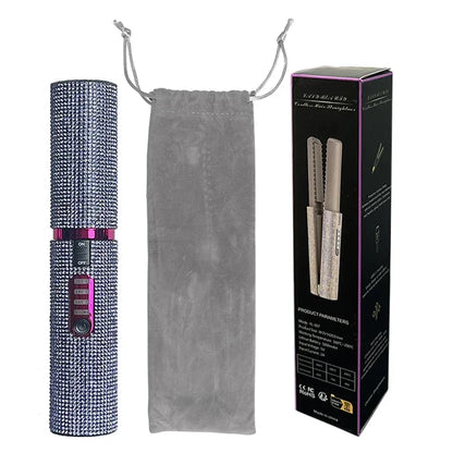 2-in-1 Wireless Hair Straightener & Curler – USB Rechargeable Diamond Design Styling Brush for Travel & Home