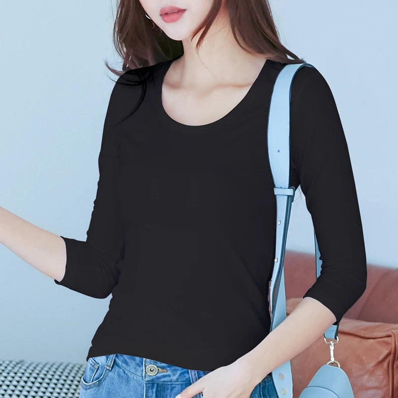 3/4 Sleeve Women’s Cotton T-Shirt - Slim Fit O Neck Casual Spring Summer Top, Stretch Base Shirt in White & Black