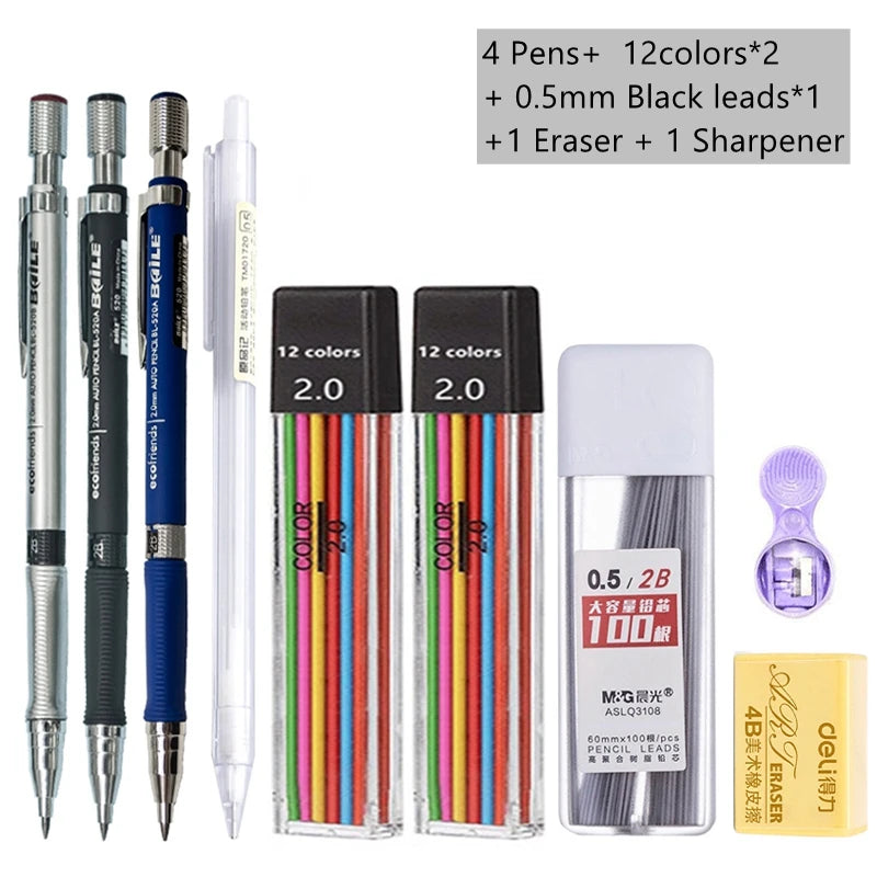 Mechanical Pencil Set 2.0mm – Automatic Pencil with 2B Black & Colored Lead Refills for Writing, Sketching, & Art Drawing