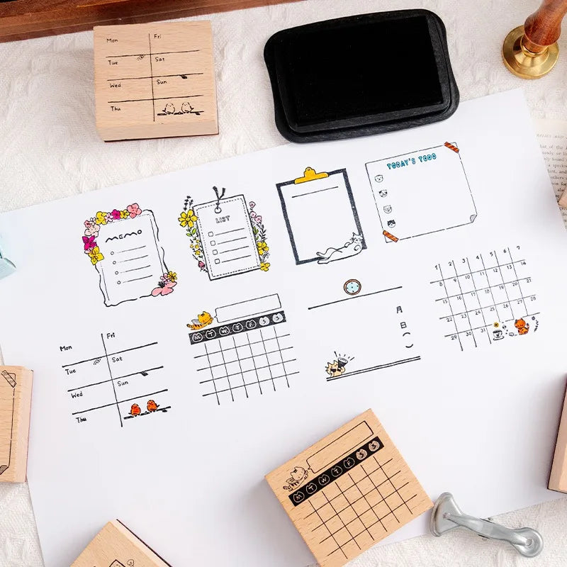 Cute Cat Wood Stamp Calendar – Daily & Monthly Planner Stamps for Journaling, Scrapbooking & DIY Crafts