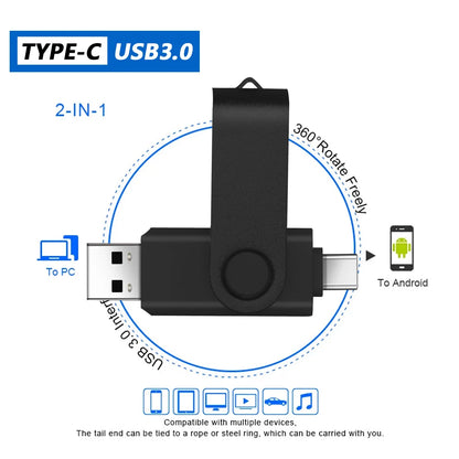 360° Rotating Type-C USB 3.0 Flash Drive – 2-in-1 High-Speed Pen Drive 16GB to 128GB, Multi-Format Compatible