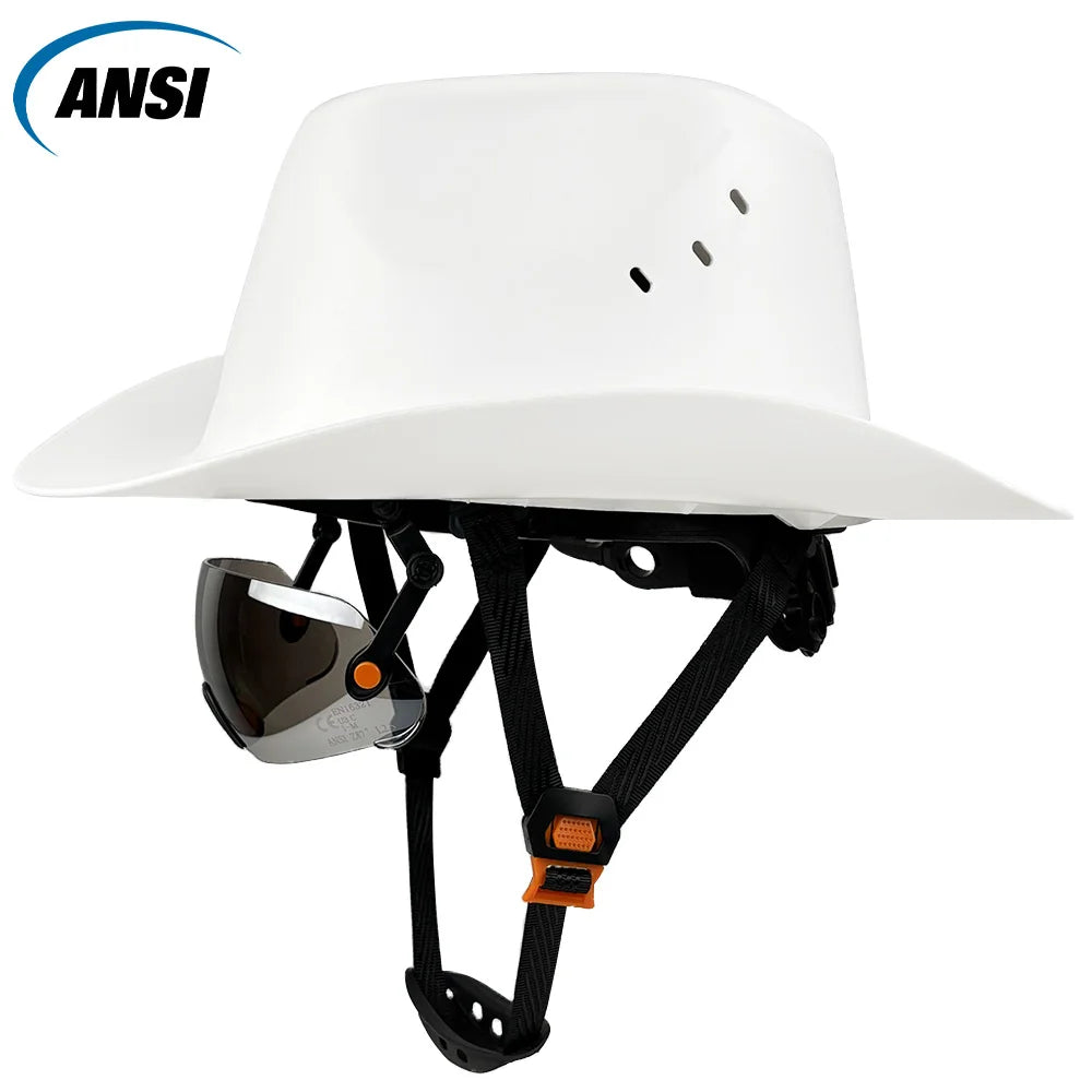 Cowboy Safety Helmet with Sunglasses - Wide-Brim HDPE Hard Hat for Construction Work