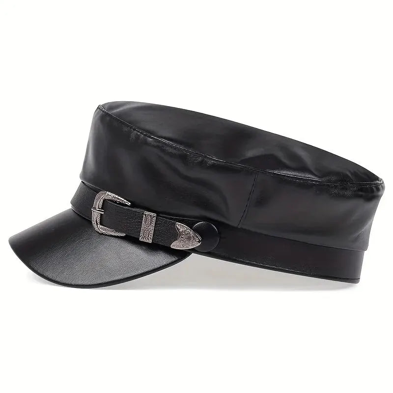 Large Buckle Leather Beret Hat - Fashion Sailor Military Cap for Women and Men