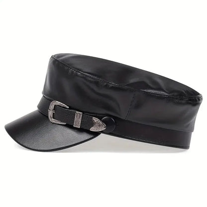 Large Buckle Leather Beret Hat - Fashion Sailor Military Cap for Women and Men