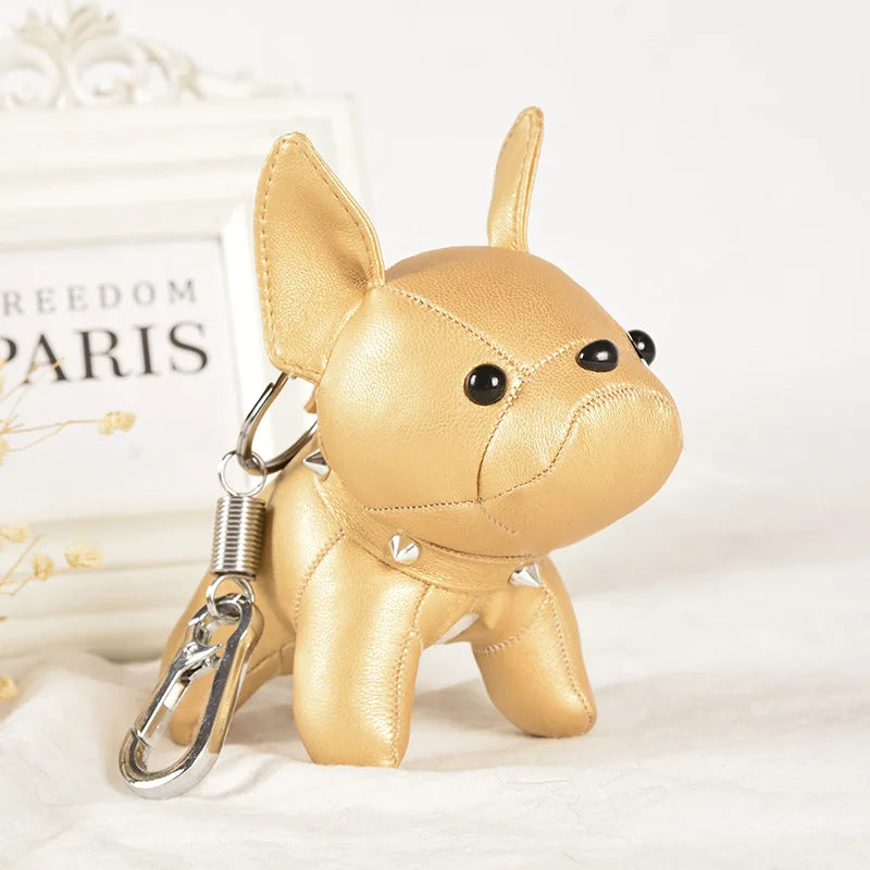 Punk French Bulldog PU Leather Dog Keychain — Fashion Bag Charm for Women Car Key Ring