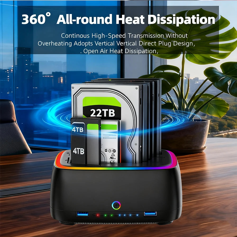 7-in-1 Dual Bay Hard Drive Docking Station USB 3.0 – 5Gbps SATA HDD/SSD Clone Enclosure for 2.5" & 3.5" Drives, TF/SD Card Reader