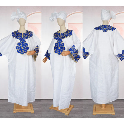 African Dresses for Women - Dashiki Embroidery Bazin Ankara White Gown Nigeria Wedding & Evening Party Dress