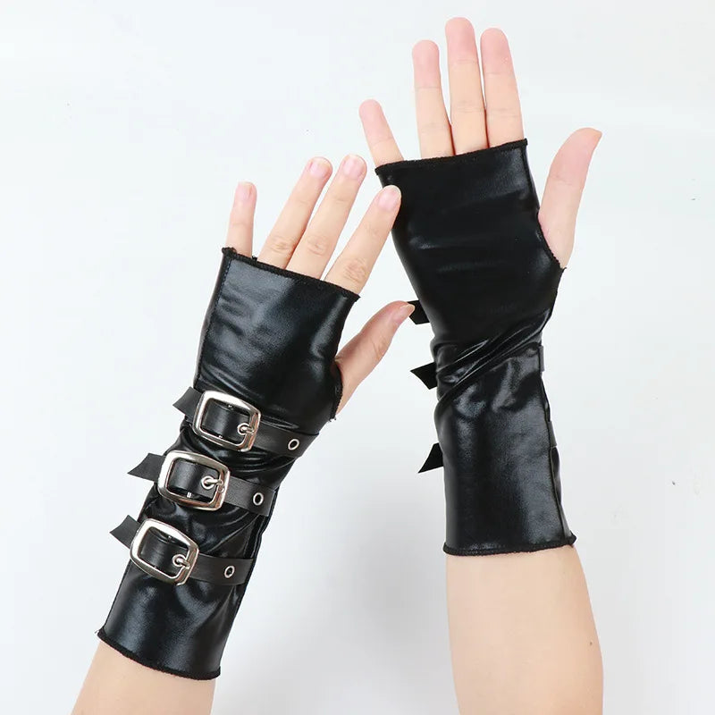 Gothic Fingerless Gloves - Black Short Leather Punk Wristband with Metal Buckle