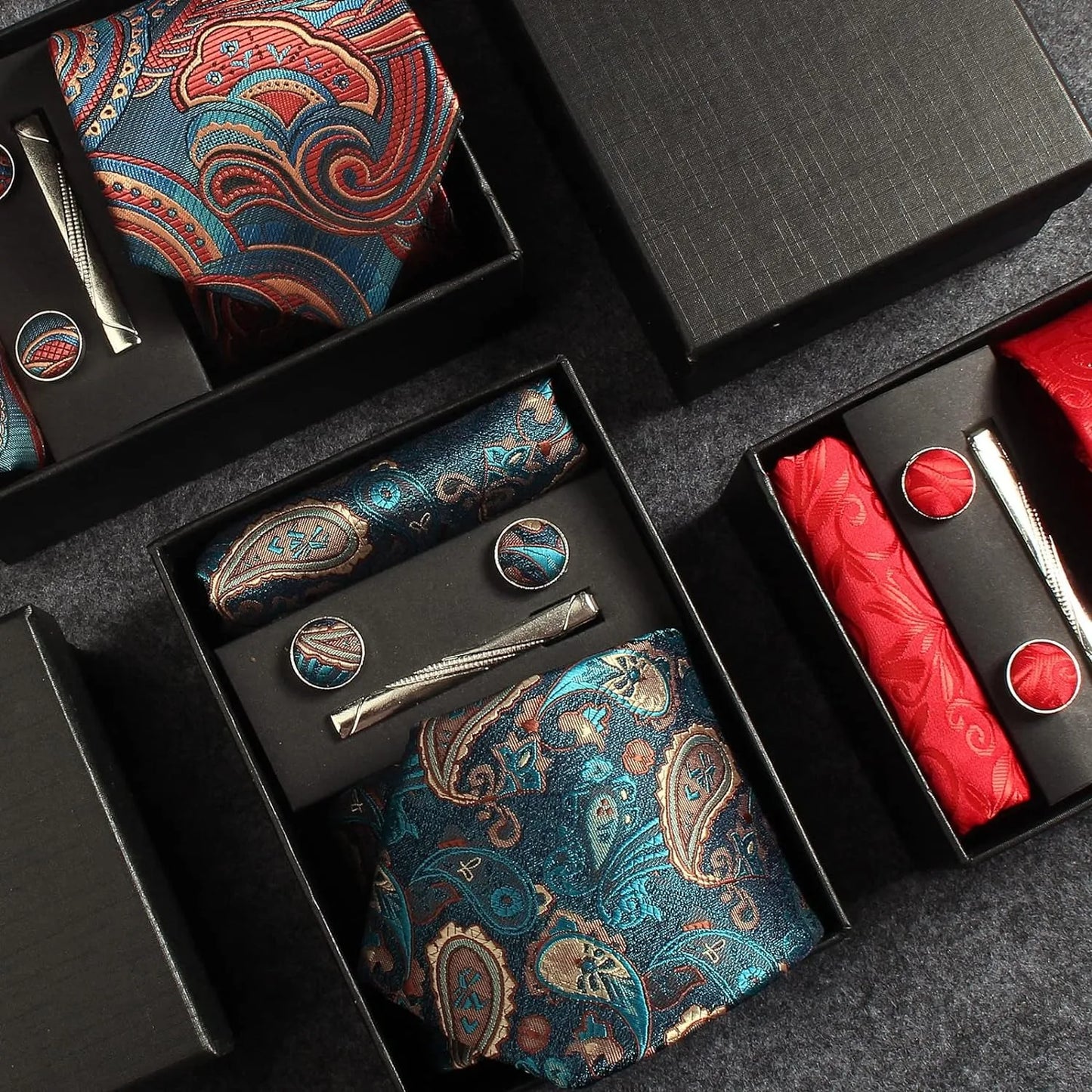 100% Silk Men’s Necktie Set with Paisley Floral Design, Business Tie with Pocket Square, Tie Clip & Cufflinks Gift Box Set for Men