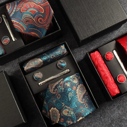 100% Silk Men’s Necktie Set with Paisley Floral Design, Business Tie with Pocket Square, Tie Clip & Cufflinks Gift Box Set for Men