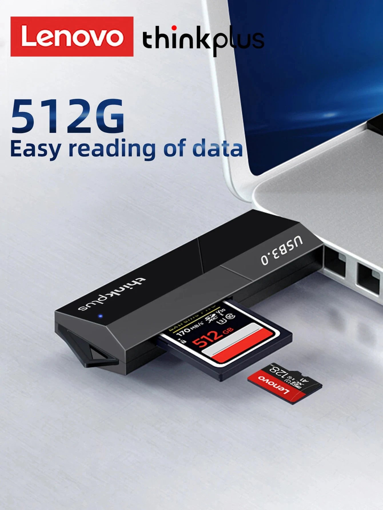 Lenovo D204 2 in 1 Memory Card Reader - Dual Interface USB 3.0 SD Card Adapter, Multi-Device Compatible