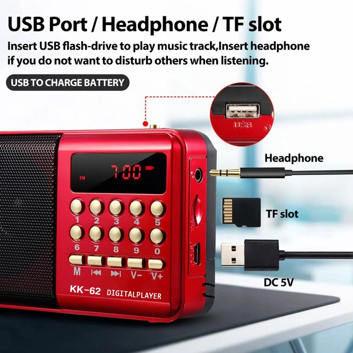 STONEGO Mini Portable Radio — Handheld Rechargeable Digital FM Radio with USB/TF MP3 Player, Speaker Device for On-the-Go Use