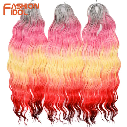 FASHION IDOL 24" Deep Wave Crochet Hair - 3-Piece Synthetic Water Wave Braiding Extensions, Ombre Rainbow Twist Hair