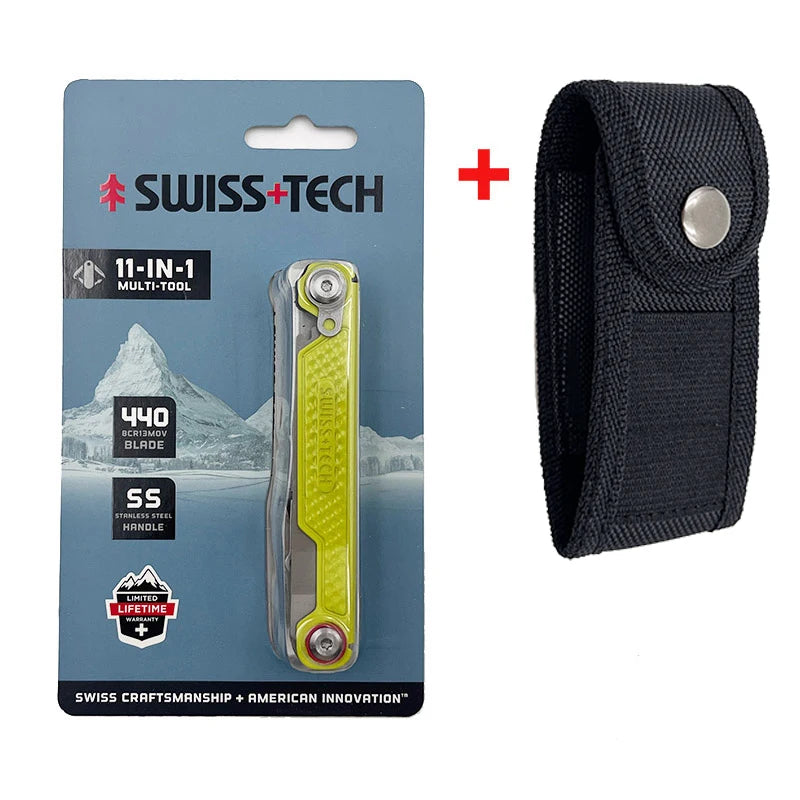 SWISS TECH 11-in-1 Mini Multitool - Folding EDC Camping Tool with Scissors, Screwdriver & Clip