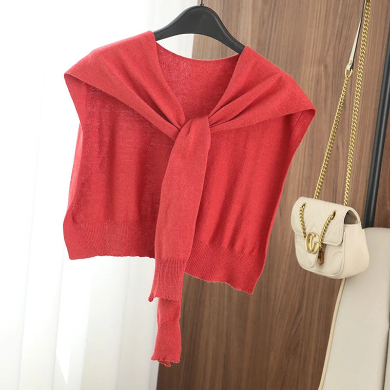 Striped Knitted Shawl Scarf – Warm Winter Cape with Fake Collar for Women