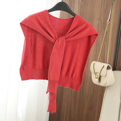 Striped Knitted Shawl Scarf – Warm Winter Cape with Fake Collar for Women