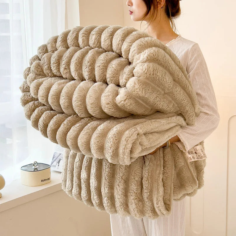Thickened Wide Striped Flannel Blanket – Multi-Functional Sofa, Bed Sheet & Nap Throw Blanket for All-Season Comfort