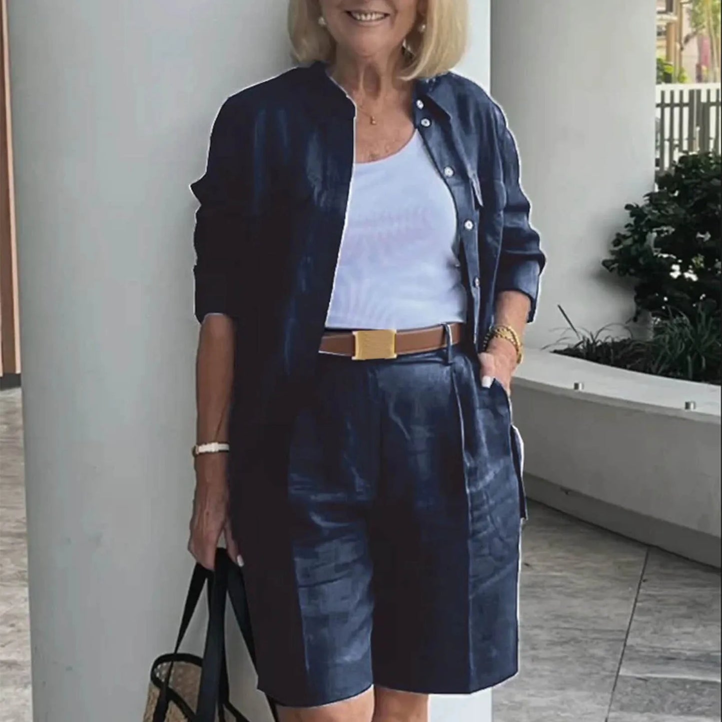 Women’s 2 Piece Summer Outfit Set - Solid Color Cardigan Shirt Top & Casual Shorts Matching Ensemble