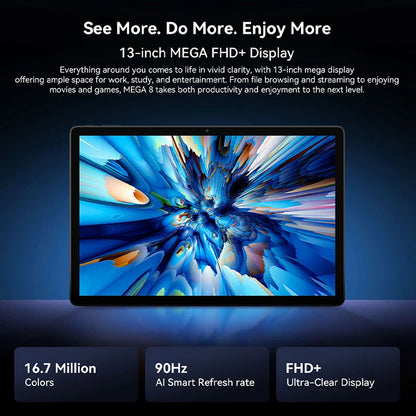 Blackview MEGA 8 Tablet – 13" FHD+ 90Hz Display, 11000mAh, Android 15, 50MP Camera, 4 Speakers, 4G Pad PC
