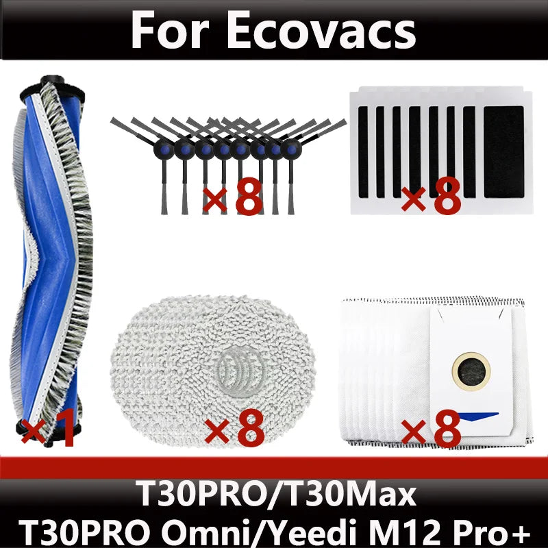 ECOVACS T30S PRO/T30 PRO OMNI & YEEDI M12 Pro+ Robot Vacuum Replacement Parts – Dust Bag, Main & Side Brush, Filter, Mop Accessories