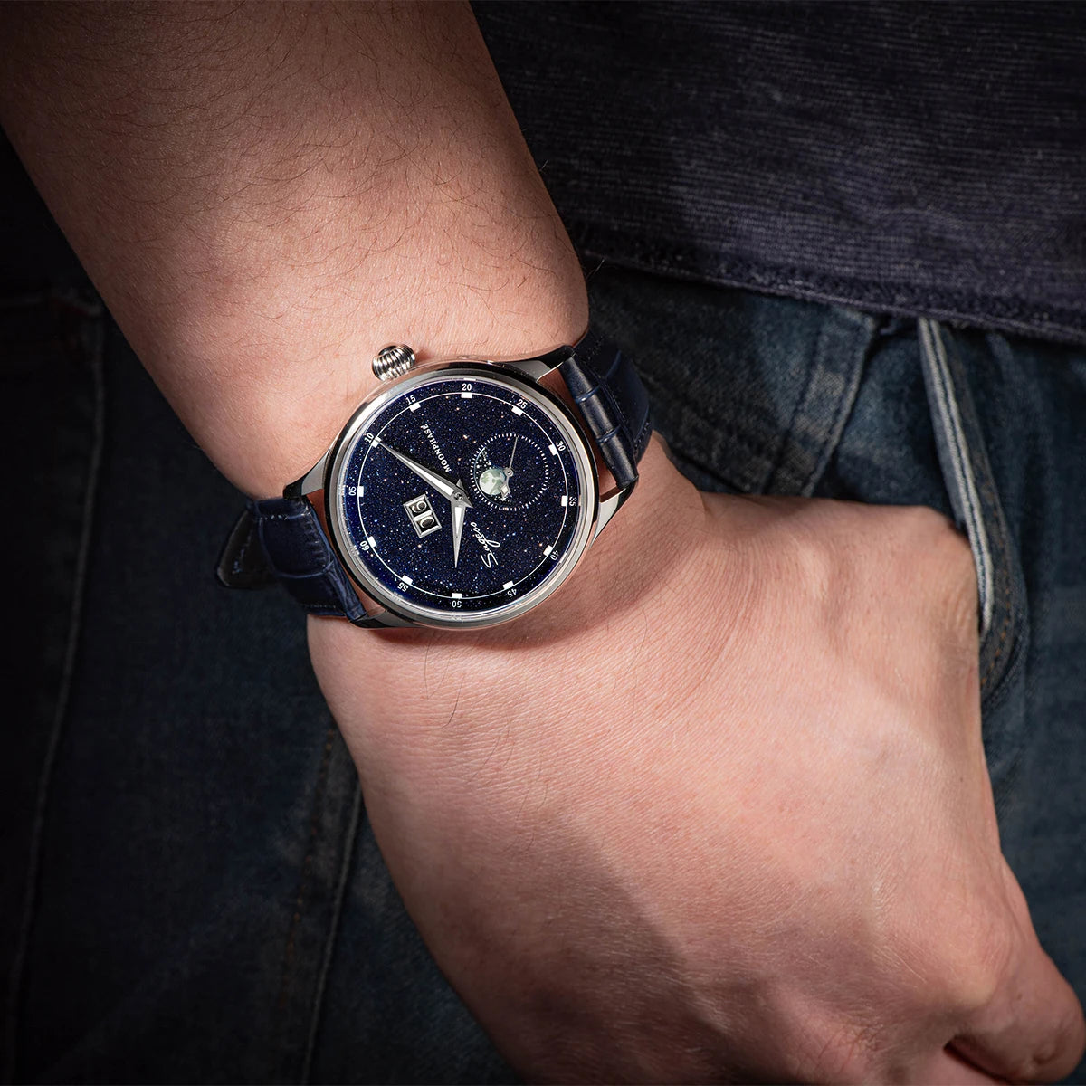 Sugess Moonphase Men’s Automatic Mechanical Watch — 40MM Stainless Steel with Seagull ST2528 Movement and Blue Sandstone Dial