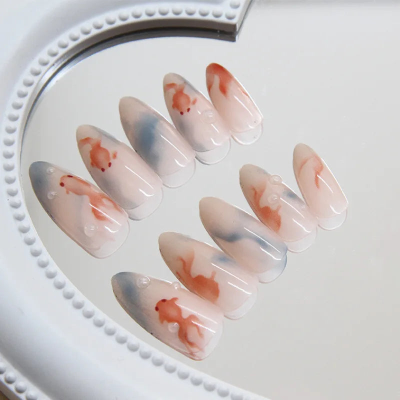 24pcs Goldfish Pattern Almond Press-On Nails – Simple Nude Pink Wearable Detachable False Nail Manicure Set