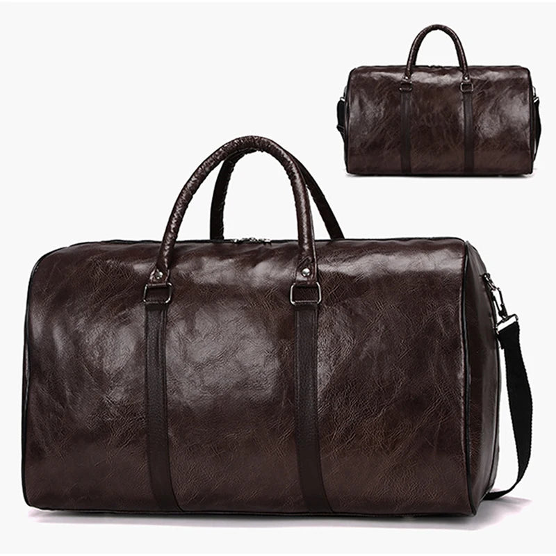 Leather Travel Duffle Bag – Large Fitness & Luggage Shoulder Bag for Men, Black PU Fashion Zipper Handbag