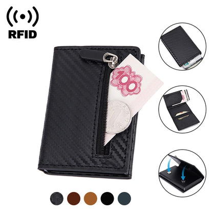 RFID Carbon Fiber Card Holder Wallet: Slim Thin Metal Leather Mini Wallet for Men - Black Purse, New Design