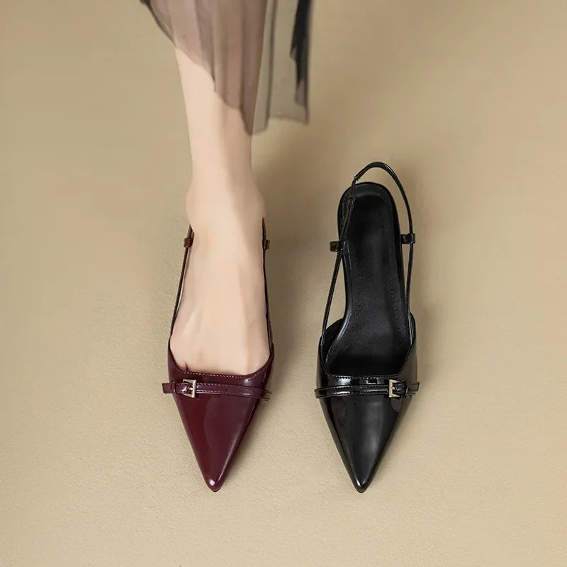 2024 Summer French Wine Red Pointed Patent Leather Mid-Heel Sandals for Women - Retro Skinny Heel