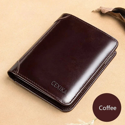 Men’s Genuine Leather RFID Blocking Trifold Wallet – Short Business Wallet with ID Window & Credit Card Holder Slim Men’s Purse