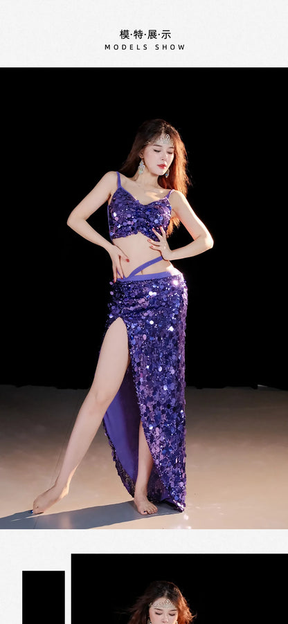 2-Piece Belly Dance Costume Set for Women – Sexy Sequin Top & Skirt Outfit for Stage Performance & Training