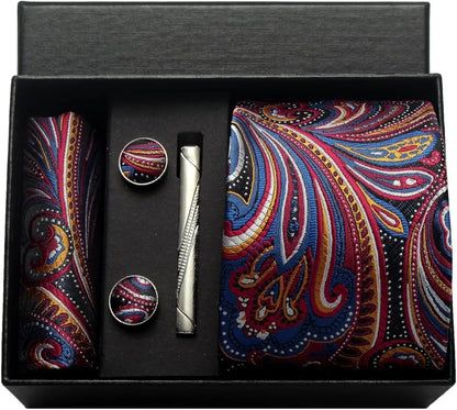 100% Silk Men’s Necktie Set with Paisley Floral Design, Business Tie with Pocket Square, Tie Clip & Cufflinks Gift Box Set for Men