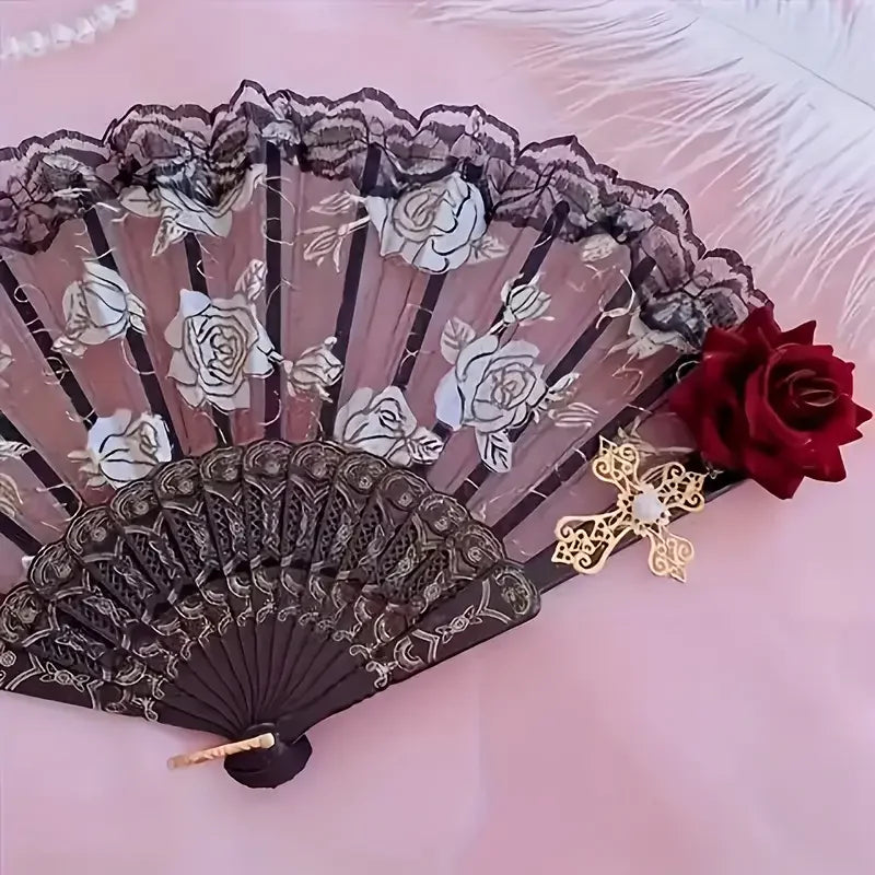 Vintage Spanish Flamenco Rose Lace Folding Fan - Elegant Handheld Fan for Weddings & Parties