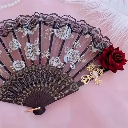 Vintage Spanish Flamenco Rose Lace Folding Fan - Elegant Handheld Fan for Weddings & Parties