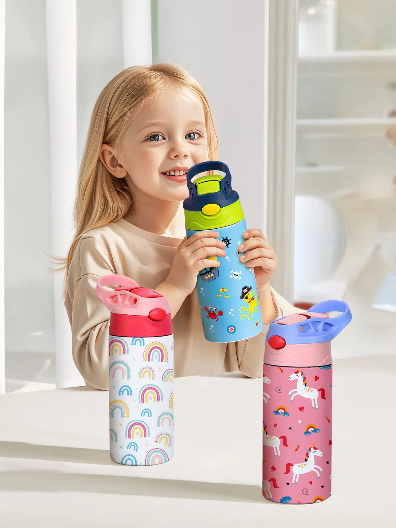 Cartoon Stainless Steel Insulated Cup — Animal Print Thermal Tumbler with Straw Lid, Bow Design Coffee Cup Gift