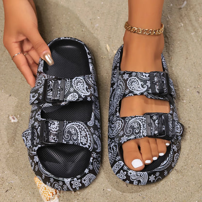 Summer Vacation Women's Slippers – Adjustable Double-Buckle Pillow Platform Sandals for Beach & Travel