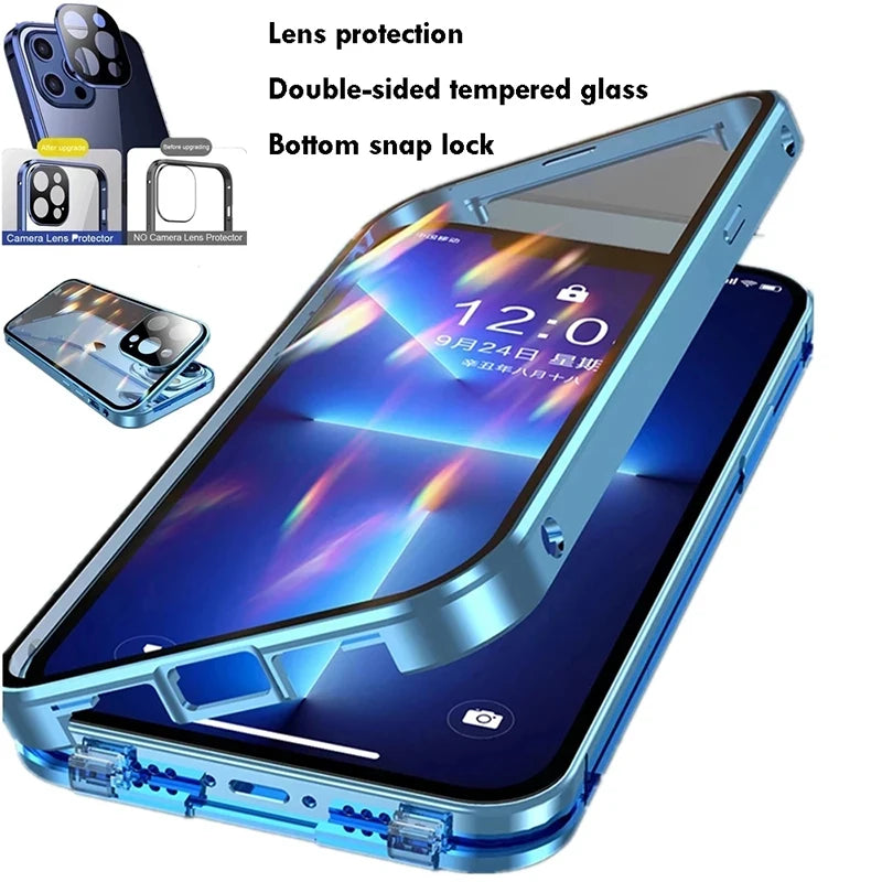 360° Full Protection Magnetic Metal Phone Case - Double Sided Glass Snap Lock Bumper Cover for iPhone 16 Pro Max 15 14 13 12 11 Pro Max