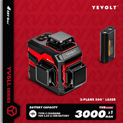 YEVOLT YVGLL4XS12 12-Line Green Laser Level – ±0.2mm/m Precision, IP54 Waterproof, Auto-Leveling with Slope Mode
