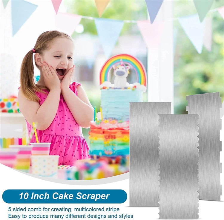 LMETJMA 10" Stainless Steel Cake Scraper – Double-Sided Patterned Edge Smoother & Pastry Cutter JT160
