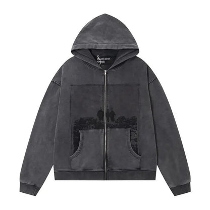 Washed Casual Hoodie Sweatshirt — Unisex Loose-Fit Street Style Crew Neck with Lip Print Letter Design, Vintage Comfortable Top