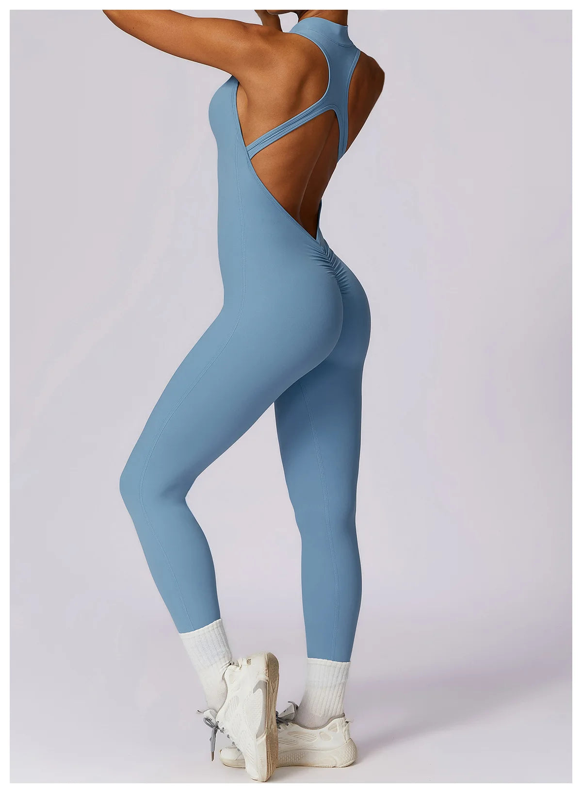 Women’s V-Back One-Piece Sports Jumpsuit — Sleeveless Yoga Romper with Zipper Workout Bodysuit
