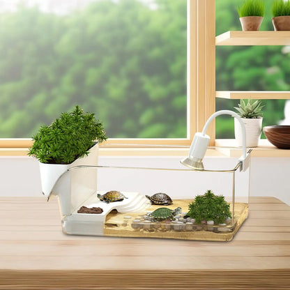 Transparent Turtle Tank Habitat - Reptile Terrarium with Basking Area for Turtles, Tortoises & Hermit Crabs