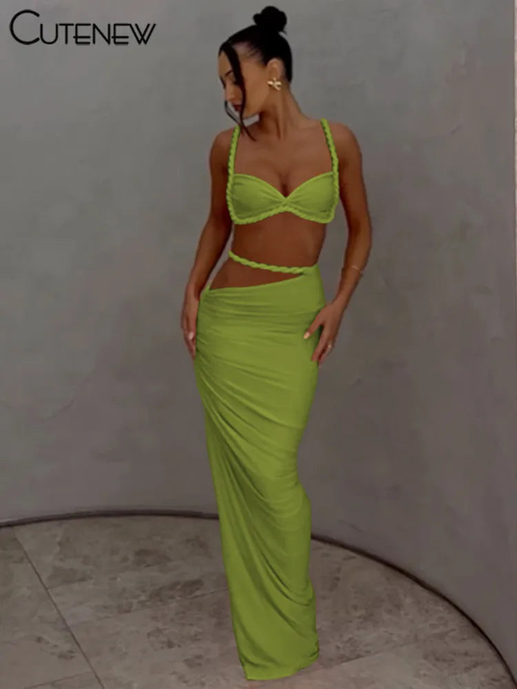 Women’s Woven Two-Piece Vacation Set – Pleated Crop Camisole & High Waist Maxi Skirt Sexy Summer Outfit Matching Set