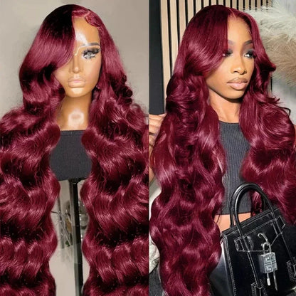 99J Burgundy Lace Frontal Wig – 13x6 Body Wave HD Transparent Lace Front Human Hair, Pre-Plucked 99J Red Color